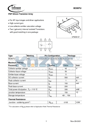 BC807U datasheet - PNP Silicon Transistor Array