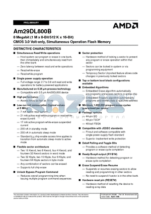 AM29DL800BB120EC datasheet - 8 Megabit (1 M x 8-Bit/512 K x 16-Bit) CMOS 3.0 Volt-only, Simultaneous Operation Flash Memory