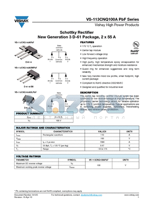 113CNQ100ASMPBF datasheet - Schottky Rectifier New Generation 3 D-61 Package, 2 x 55 A