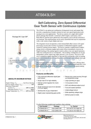 ATS643LSH-I2 datasheet - Self-Calibrating, Zero-Speed Differential Gear Tooth Sensor with Continuous Update