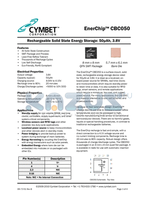 CBC050-BDC-WP datasheet - Rechargeable Solid State Energy Storage: 50uAh, 3.8V