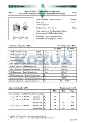 BC808-16W datasheet - Surface mount Si-Epitaxial PlanarTransistors