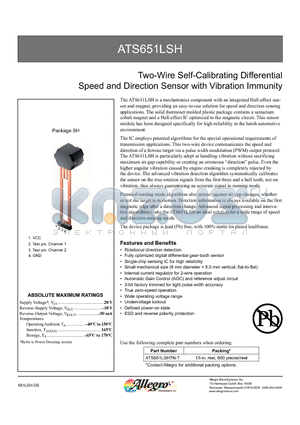 ATS651LSHTN-T datasheet - Two-Wire Self-Calibrating Differential Speed and Direction Sensor with Vibration Immunity