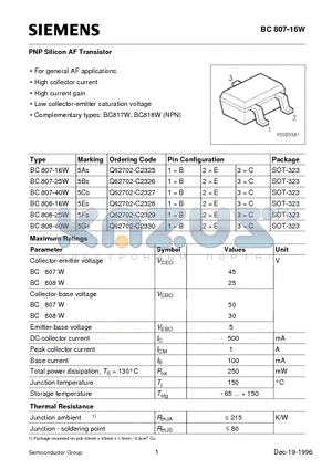 BC808-25W datasheet - PNP Silicon AF Transistor (For general AF applications High collector current High current gain)