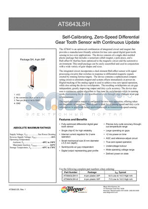 ATS643LSH datasheet - Self-Calibrating, Zero-Speed Differential Gear Tooth Sensor with Continuous Update