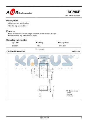 BC808F datasheet - PNP Silicon Transistor (High current application Switching application)