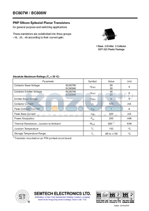 BC808W datasheet - PNP Silicon Epitaxial Planar Transistors