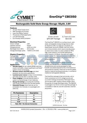 CBC050-M8C-TR1 datasheet - Rechargeable Solid State Energy Storage: 50uAh, 3.8V