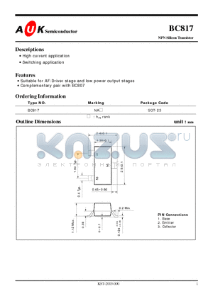 BC817 datasheet - NPN Silicon Transistor (High current application Switching application)