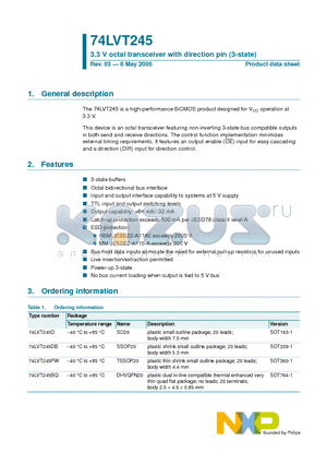 74LVT245BQ datasheet - 3.3 V octal transceiver with direction pin (3-state)