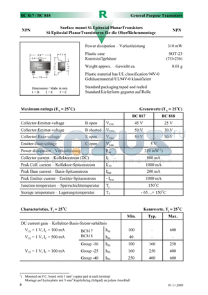 BC817 datasheet - Surface mount Si-Epitaxial PlanarTransistors