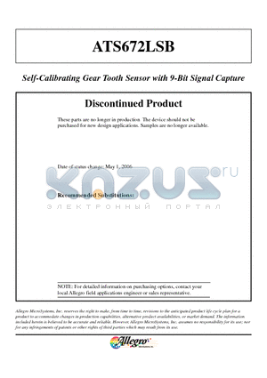 ATS672LSB datasheet - Self-Calibrating Gear Tooth Sensor with 9-Bit Signal Capture