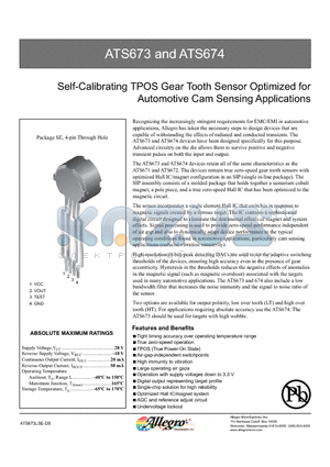 ATS674 datasheet - Self-Calibrating TPOS Gear Tooth Sensor Optimized for Automotive Cam Sensing Applications