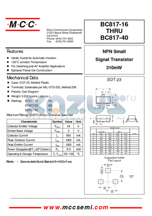 BC817-16 datasheet - NPN Small Signal Transistor 310mW