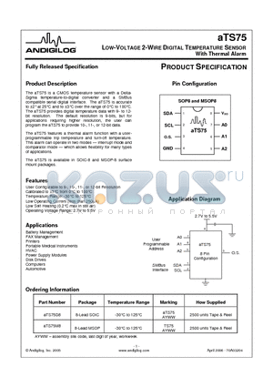 ATS75D8 datasheet - LOW- OLTAGE 2-WIRE DIGITAL TEMPERATURE SENSOR With Thermal Alarm