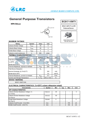 BC817-16WT1 datasheet - General Purpose Transistors NPN Silicon
