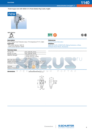1140 datasheet - Power Supply Cord with NEMA 5-15 Power (Mains) Plug 3-pole, Angled