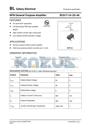 BC817-25 datasheet - NPN General Purpose Amplifier