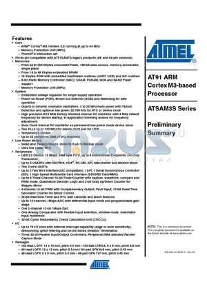 ATSAM3S datasheet - AT91 ARM Cortex M3-based Processor