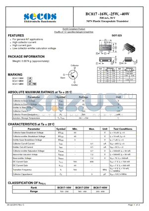 BC817-40W datasheet - NPN Plastic Encapsulate Transistor