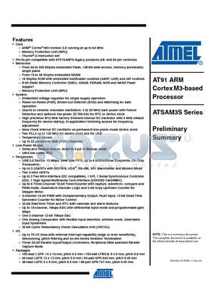 ATSAM3S2CA-CU datasheet - AT91 ARM Cortex M3-based Processor