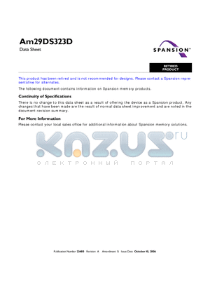 AM29DS323DB120EI datasheet - 32 Megabit (4 M x 8-Bit/2 M x 16-Bit) CMOS 1.8 Volt-only, Simultaneous Operation Flash Memory