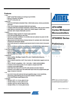 ATSAM3U1CA-AU datasheet - AT91ARM Cortex M3-based Microcontrollers