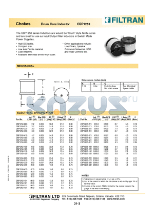 CBP1253-100 datasheet - Chokes Drum Core Inductor