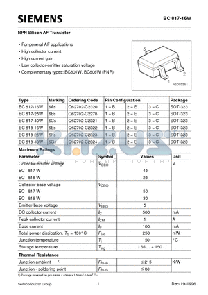 BC818-16W datasheet - NPN Silicon AF Transistor (For general AF applications High collector current High current gain)