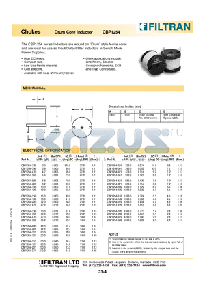 CBP1254 datasheet - Chokes Drum Core Inductor