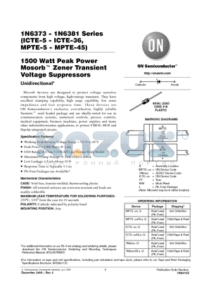 1N6374RL4G datasheet - 1500 Watt Peak Power Mosorb TM Zener Transient Voltage Suppressors