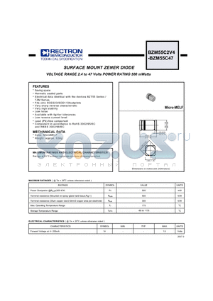 BZM55C15 datasheet - SURFACE MOUNT ZENER DIODE VOLTAGE RANGE 2.4 to 47 Volts POWER RATING 500 mWatts