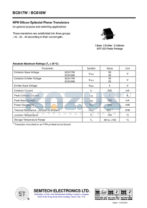 BC818W datasheet - NPN Silicon Epitaxial Planar Transistors