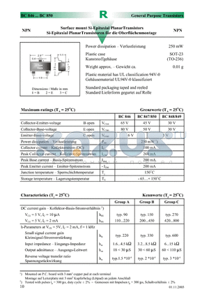 BC846 datasheet - Surface mount Si-Epitaxial PlanarTransistors
