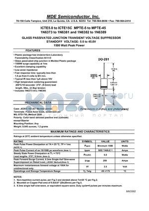 1N6380 datasheet - GLASS PASSIVATED JUNCTION TRANSIENT VOLTAGE SUPPRESSOR STANDOFF VOLTAGE- 5.0 to 45.0V 1500 Watt Peak Power