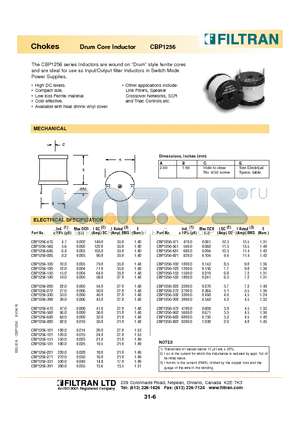 CBP1256-101 datasheet - Chokes Drum Core Inductor