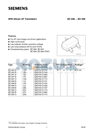 BC846-BC850 datasheet - NPN Silicon AF Transistors (For AF input stages and driver applications High current gain)