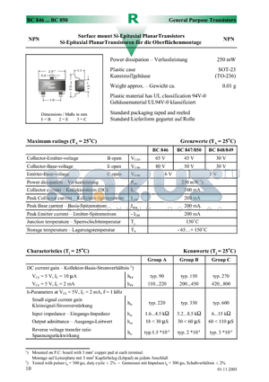 BC846A datasheet - Surface mount Si-Epitaxial PlanarTransistors