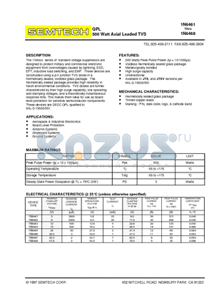 1N6462 datasheet - QPL 500 Watt Axial Leaded TVS