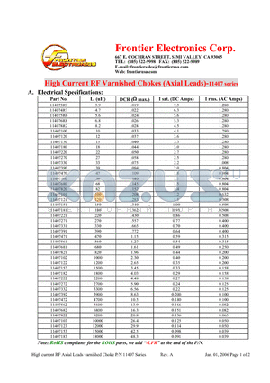 11407123 datasheet - High Current RF Varnished Chokes (Axial Leads)