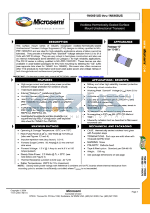 1N6464US datasheet - Voidless-Hermetically-Sealed Surface Mount Unidirectional Transient