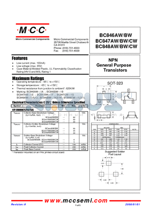 BC846AW datasheet - NPN General Purpose Transistors