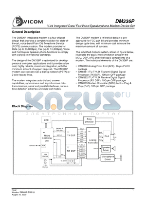 DM336P datasheet - V.34 Integrated Data/ Fax/Voice/Speakerphone Modem Device Set