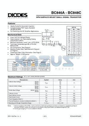 BC846B datasheet - NPN SURFACE MOUNT SMALL SIGNAL TRANSISTOR