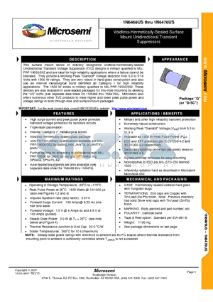 1N6474US datasheet - Voidless-Hermetically-Sealed Surface Mount Unidirectional Transient Suppressors