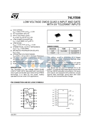 74LVX08TTR datasheet - LOW VOLTAGE CMOS QUAD 2-INPUT AND GATE WITH 5V TOLERANT INPUTS