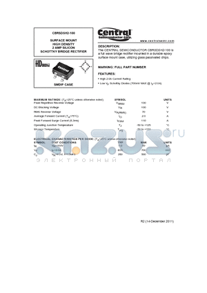 CBRSDSH2-100 datasheet - SURFACE MOUNT HIGH DENSITY 2 AMP SILICON SCHOTTKY BRIDGE RECTIFIER