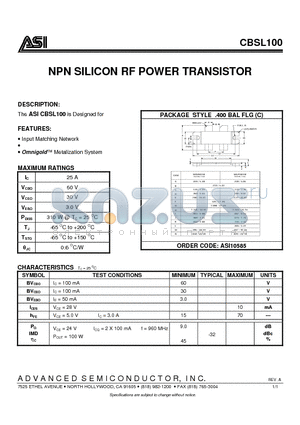 CBSL100 datasheet - NPN SILICON RF POWER TRANSISTOR