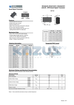 BC846BRF datasheet - 250mW, NPN Small Signal Transistor