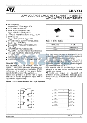 74LVX14MTR datasheet - LOW VOLTAGE CMOS HEX SCHMITT INVERTER WITH 5V TOLERANT INPUTS